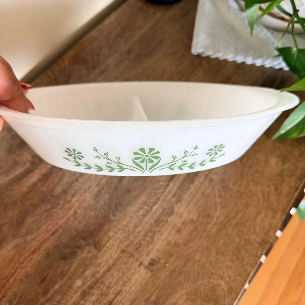 Vintage Unmarked Glasbake Green‎ Daisy Divided Milk Glass Casserole Dish 70s